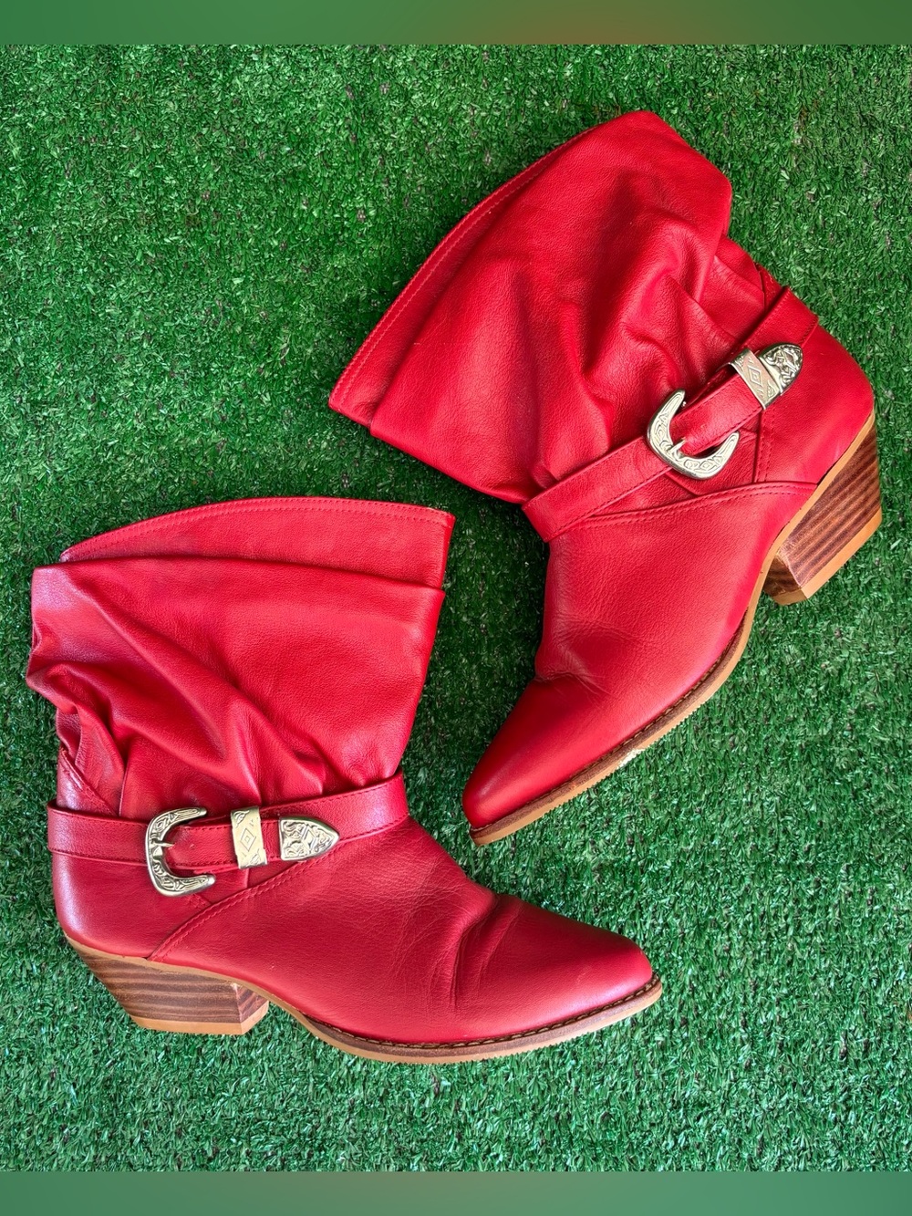 Women’s Red Leather Western Ankle Boots with Buckle Accent Size 5.5